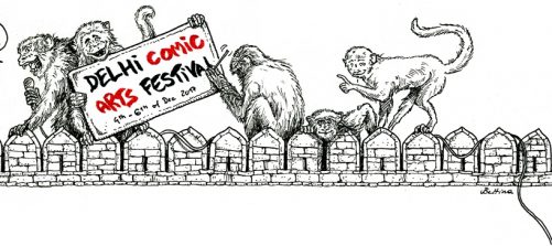 Vier Affen sitzen auf einer Mauer, einer hält ein Schild mit der Aufschrift Delhi Comic Arts Festival
