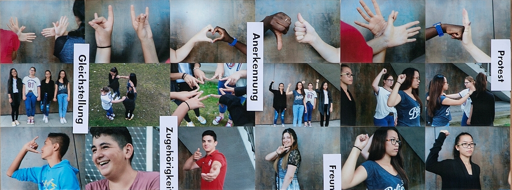 Fotos von Jugendlichen mit verschiedenen Gesten. Dazwischen die Worte Gleichstellung, Anerkennung, Protest, Zugehörigkeit