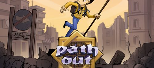 Titelbild des Spiels Path Out. Die Figur eines jungen Mannes mit einem Rucksack und einem Stock zwischen Kriegstruinen.