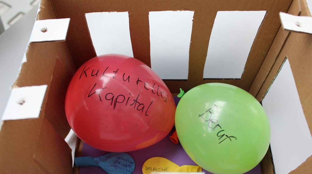 Eine Schachtel, in die Fenster geschnitten sind, darin Luftballons mit unterschiedlichen Größen und Beschrifttungen: Beruf, Kulturelles Kapital, Sprachen, sexuelle Orientierung