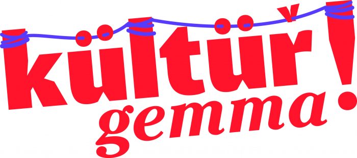 logo kültür gemma mit roter schrift und lila faden zwischen den buchstaben