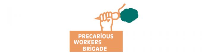logo precarious workers brigade in orange mit hand die karotte hält