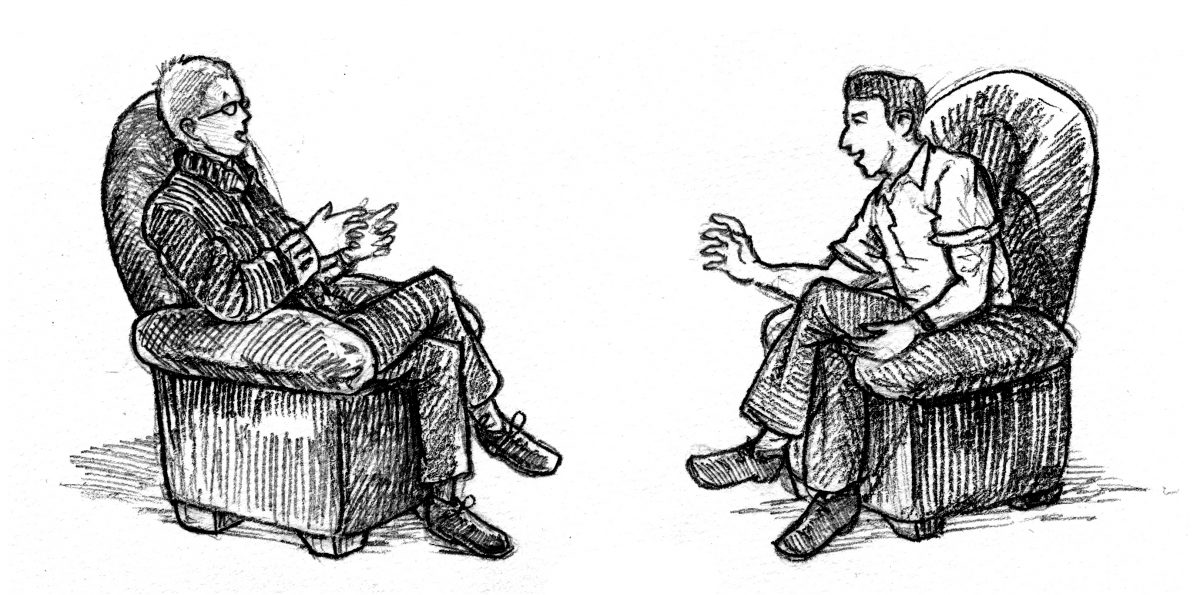 zeichnung eines interviews: 2 personen sitzen sich auf polstersesseln gegenüber